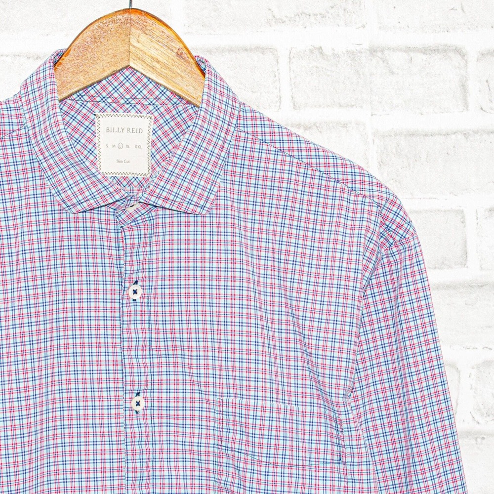 Billy Reid Men's Slim Cut Button up Shirt Blue Red Grid check Size Large